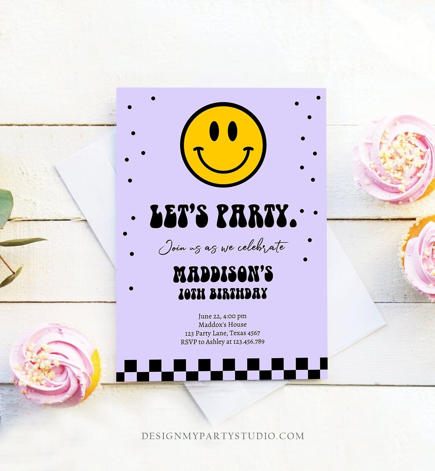 Editable Smiley Birthday Invitation Girl Smiley Face Invite Let's Party Teen 10th 13th 15th Download Printable Template Digital Corjl 0456