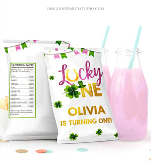 Editable Lucky One Chip Bag St Patrick's Day Party Favor Shamrock Clovers Girl Oink First Birthday 1st Digital Download Corjl Template 0379
