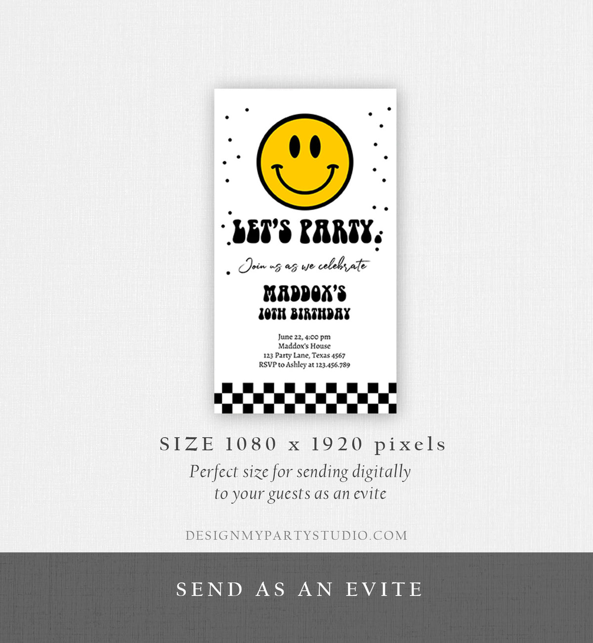 Editable Smiley Birthday Evite Boy Smiley Face Invitation Let's Party Teen 10th 13th 15th Download Digital Phone Template Digital Corjl 0456