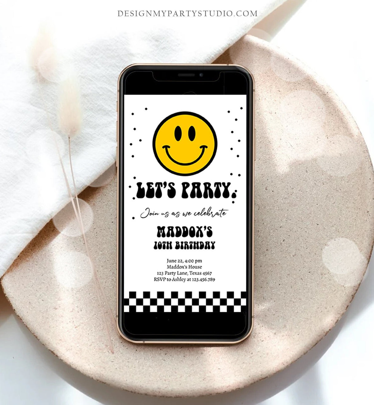 Editable Smiley Birthday Evite Boy Smiley Face Invitation Let's Party Teen 10th 13th 15th Download Digital Phone Template Digital Corjl 0456