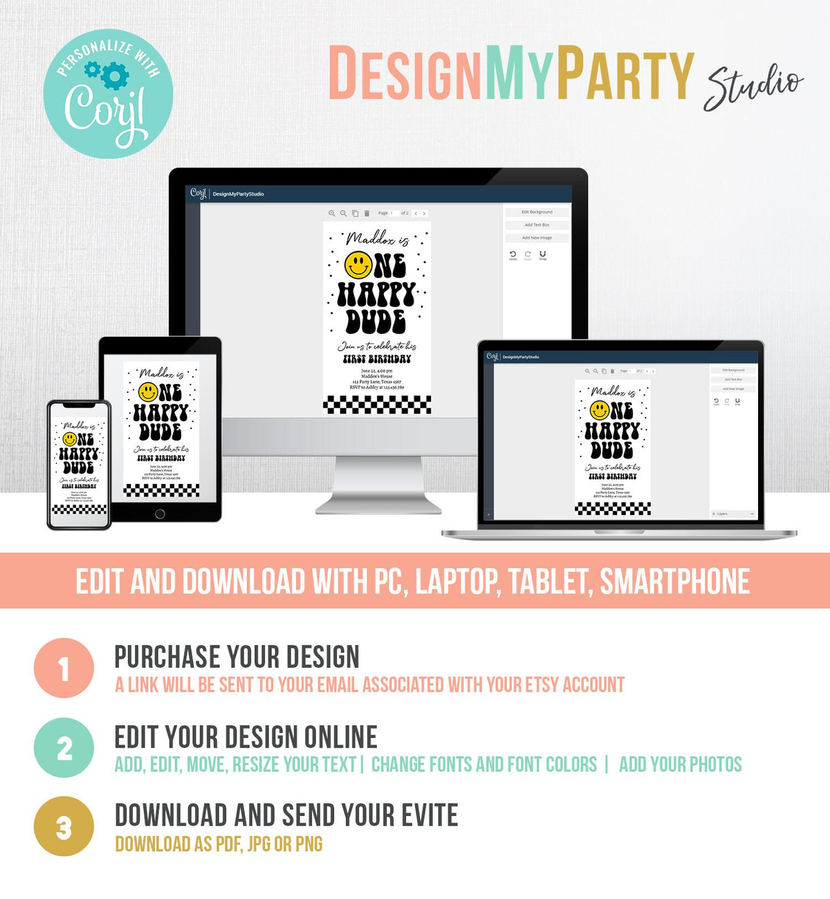 Editable One Happy Dude Birthday Evite Boy 1st Birthday Invitation Smiley Face Birthday Girl Download Phone Template Digital Corjl 0456