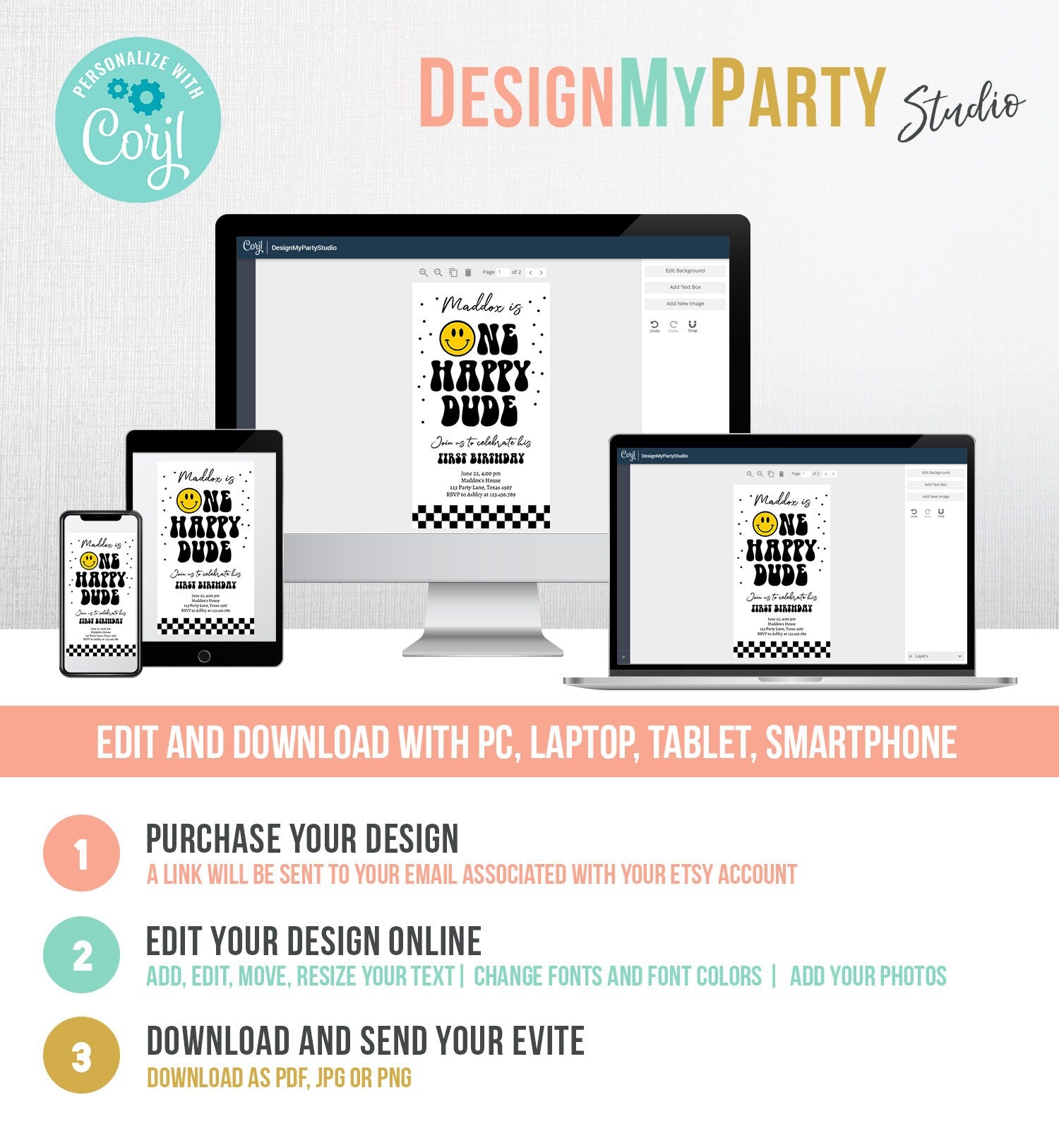 Editable One Happy Dude Birthday Evite Boy 1st Birthday Invitation Smiley Face Birthday Girl Download Phone Template Digital Corjl 0456