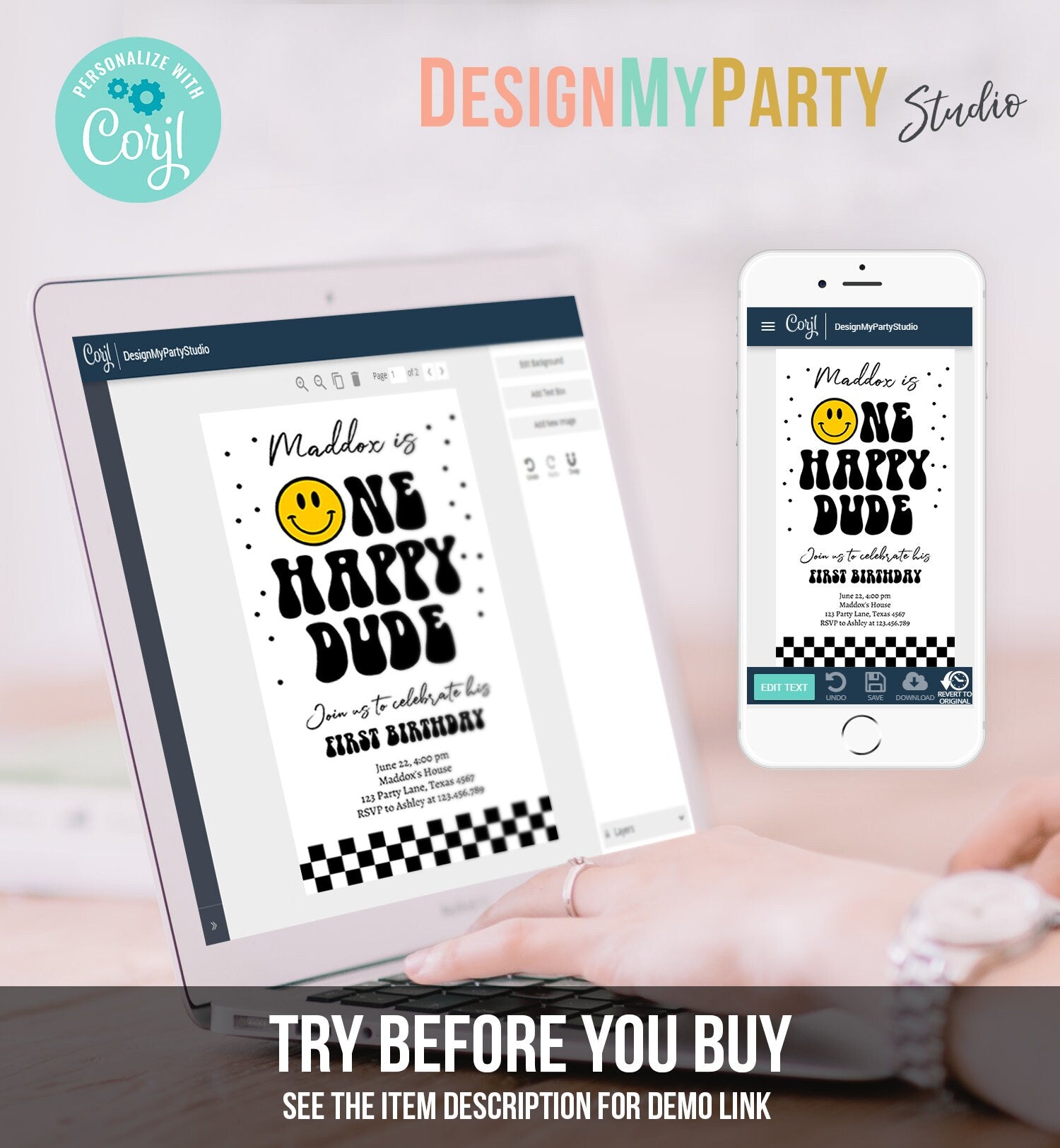 Editable One Happy Dude Birthday Evite Boy 1st Birthday Invitation Smiley Face Birthday Girl Download Phone Template Digital Corjl 0456