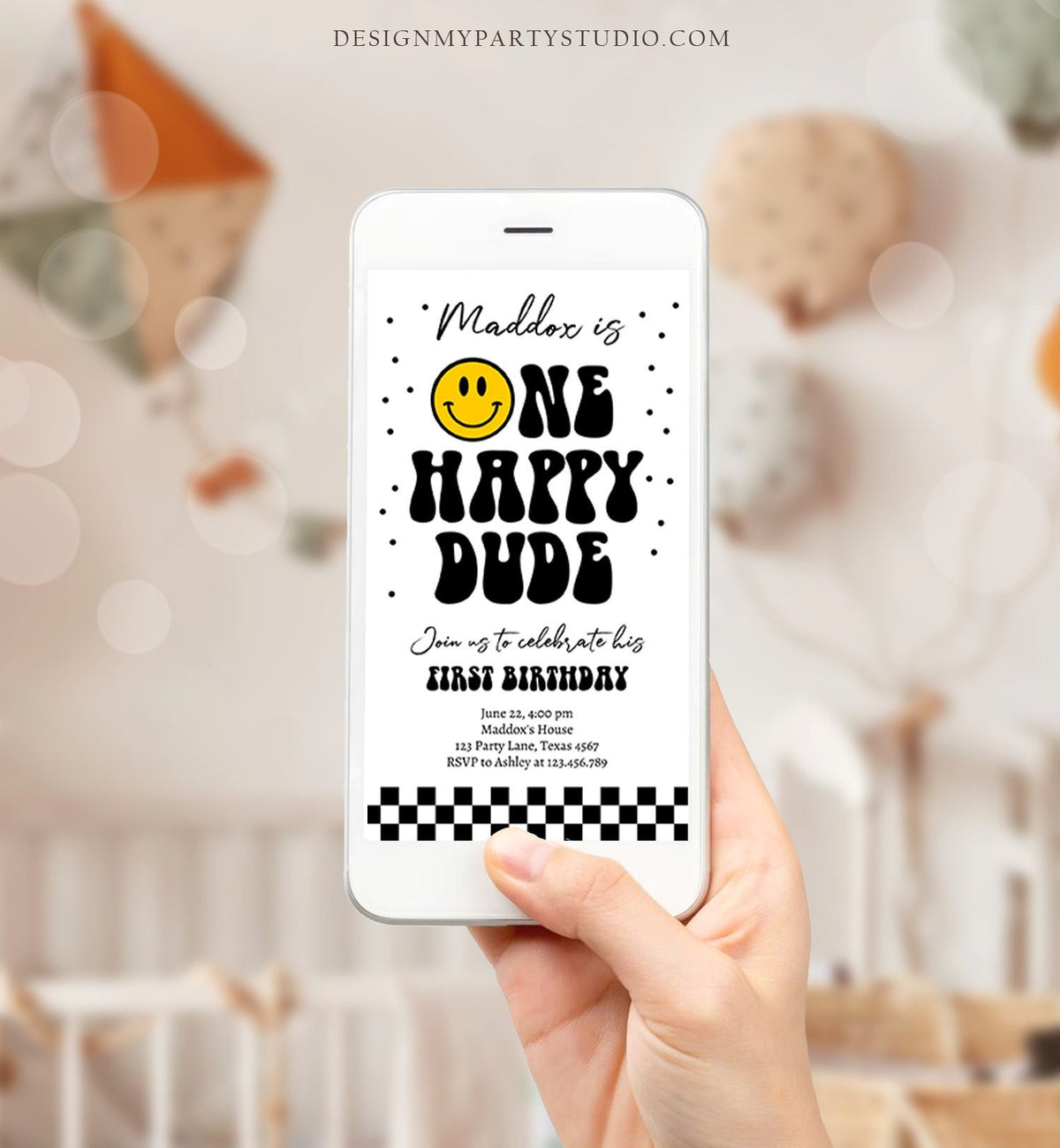 Editable One Happy Dude Birthday Evite Boy 1st Birthday Invitation Smiley Face Birthday Girl Download Phone Template Digital Corjl 0456