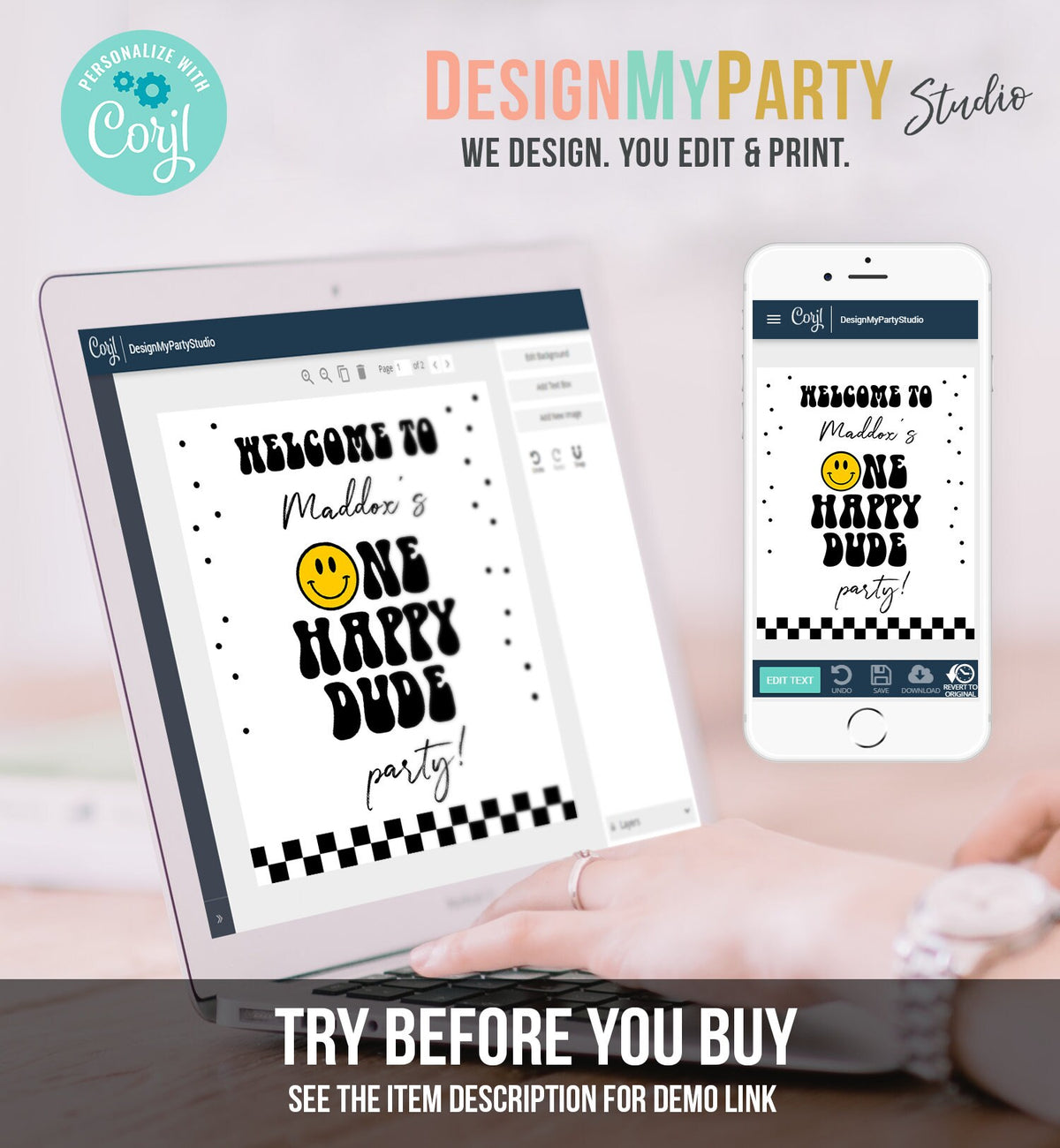 Editable Smiley Face Welcome Sign One Happy Dude Birthday Welcome Poster Boy 1st Birthday Teen Checkered Decor Template Corjl PRINTABLE 0456