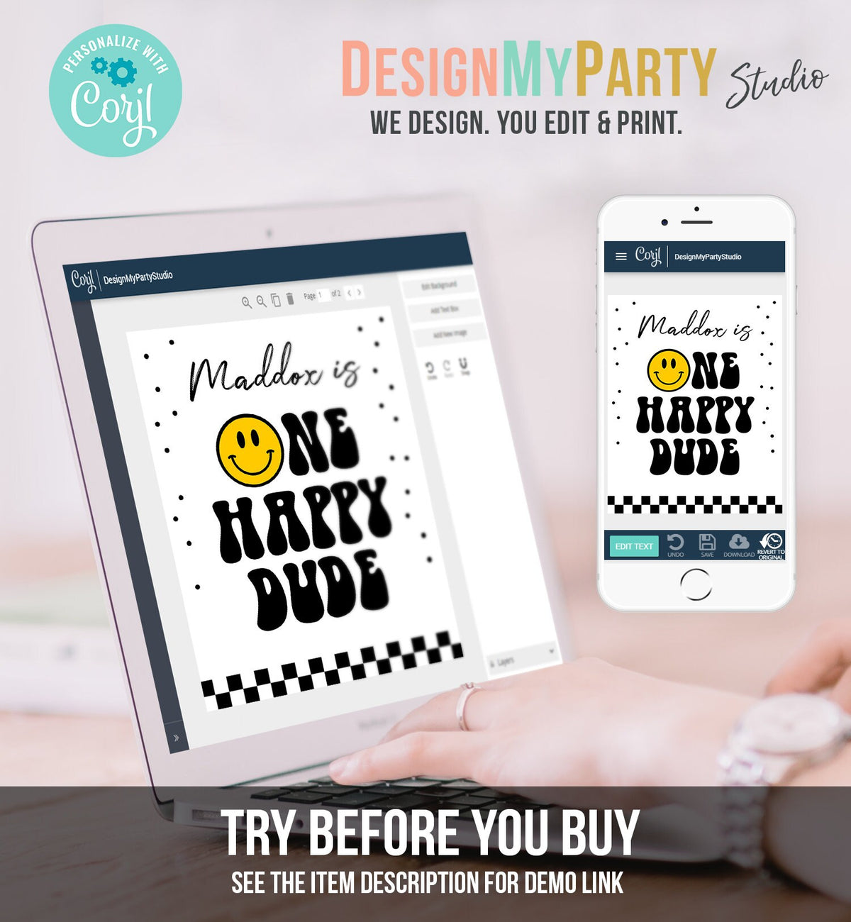 Editable Smiley Face Welcome Sign One Happy Dude Birthday Welcome Poster Boy 1st Birthday Photo Prop Decor Template Corjl PRINTABLE 0456