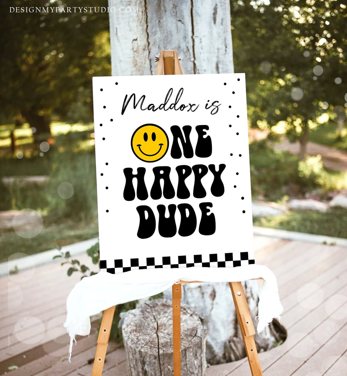 Editable Smiley Face Welcome Sign One Happy Dude Birthday Welcome Poster Boy 1st Birthday Photo Prop Decor Template Corjl PRINTABLE 0456