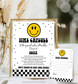 Editable Smiley Face Time Capsule First Birthday Party One Happy Dude Boy 1st Smiley Birthday Party Guestbook Template Printable Corjl 0456