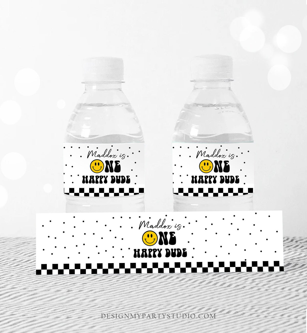 Editable One Happy Dude Birthday Water Bottle Labels Boy 1st Birthday Party Decor Smiley Face Birthday Smiley Printable Template Corjl 0456