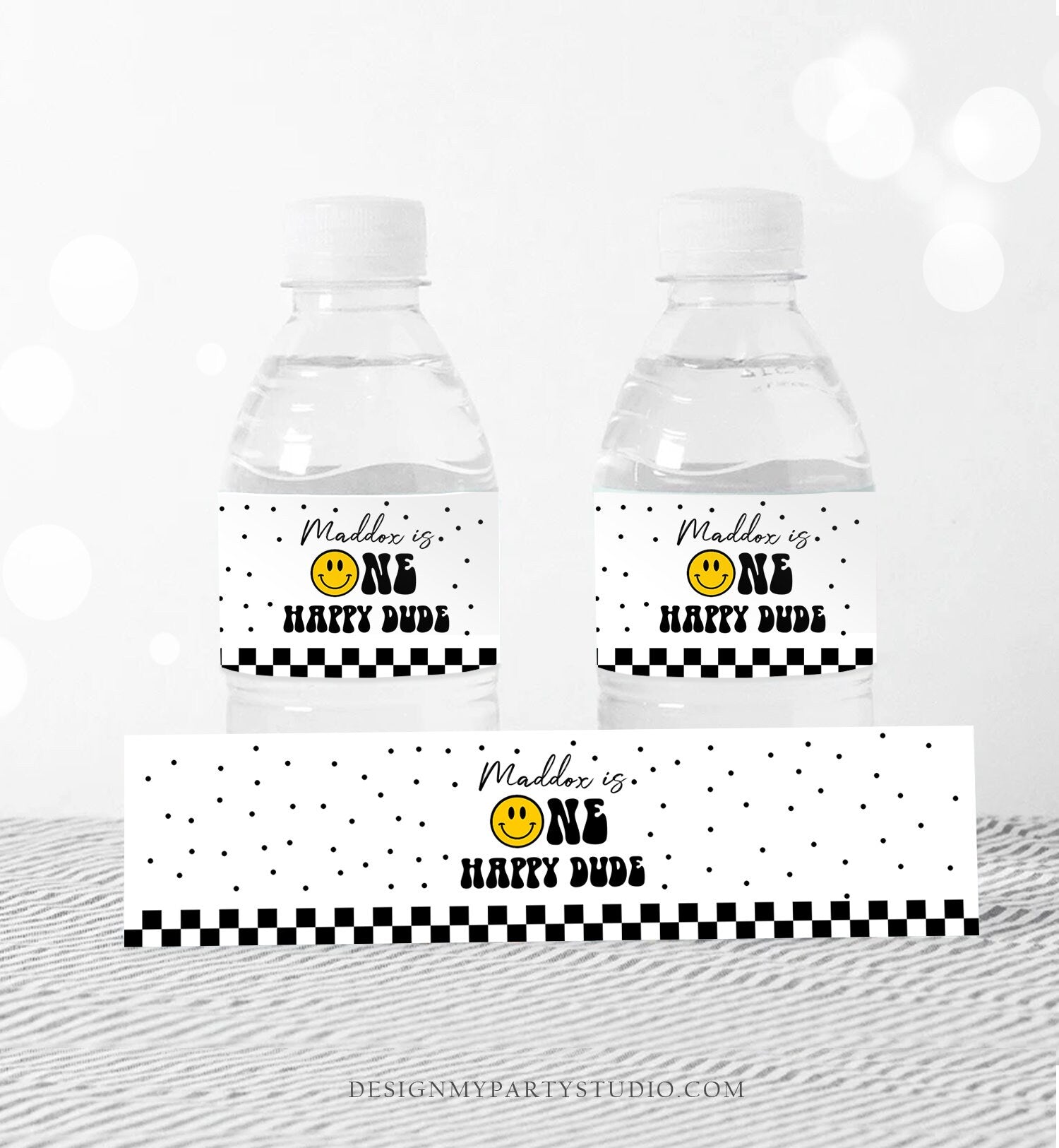 Editable One Happy Dude Birthday Water Bottle Labels Boy 1st Birthday Party Decor Smiley Face Birthday Smiley Printable Template Corjl 0456