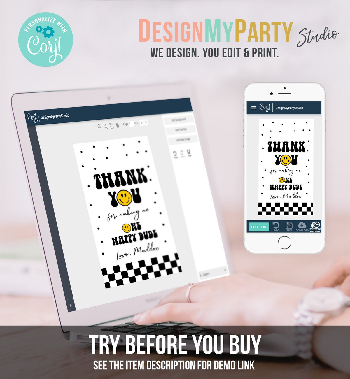 Editable One Happy Dude Birthday Favor Tags Smiley Face Thank You Tags Smiley 1st Birthday Boy Gift Tag Download Corjl Template 0456