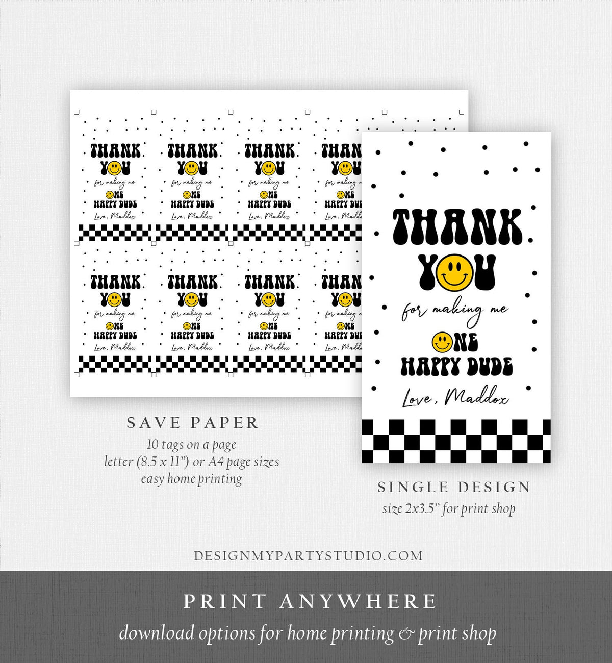 Editable One Happy Dude Birthday Favor Tags Smiley Face Thank You Tags Smiley 1st Birthday Boy Gift Tag Download Corjl Template 0456