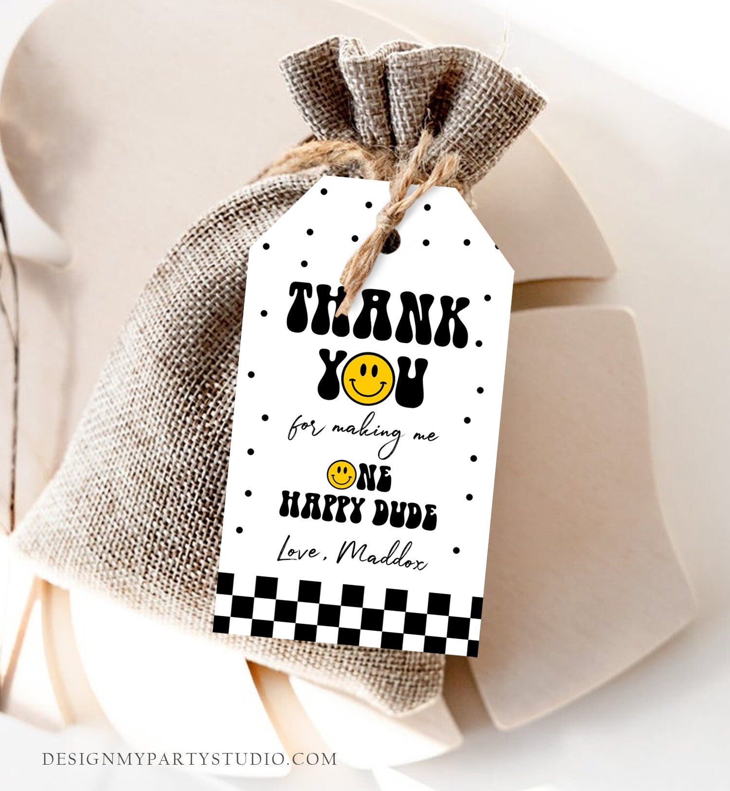 Editable One Happy Dude Birthday Favor Tags Smiley Face Thank You Tags Smiley 1st Birthday Boy Gift Tag Download Corjl Template 0456