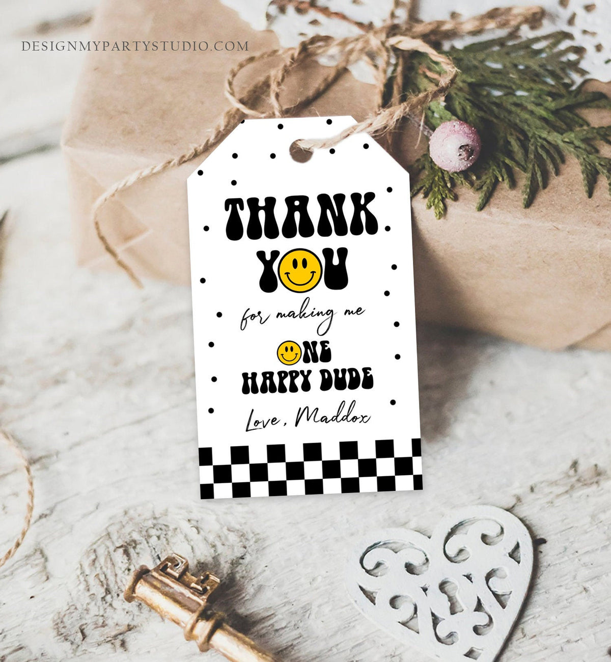 Editable One Happy Dude Birthday Favor Tags Smiley Face Thank You Tags Smiley 1st Birthday Boy Gift Tag Download Corjl Template 0456