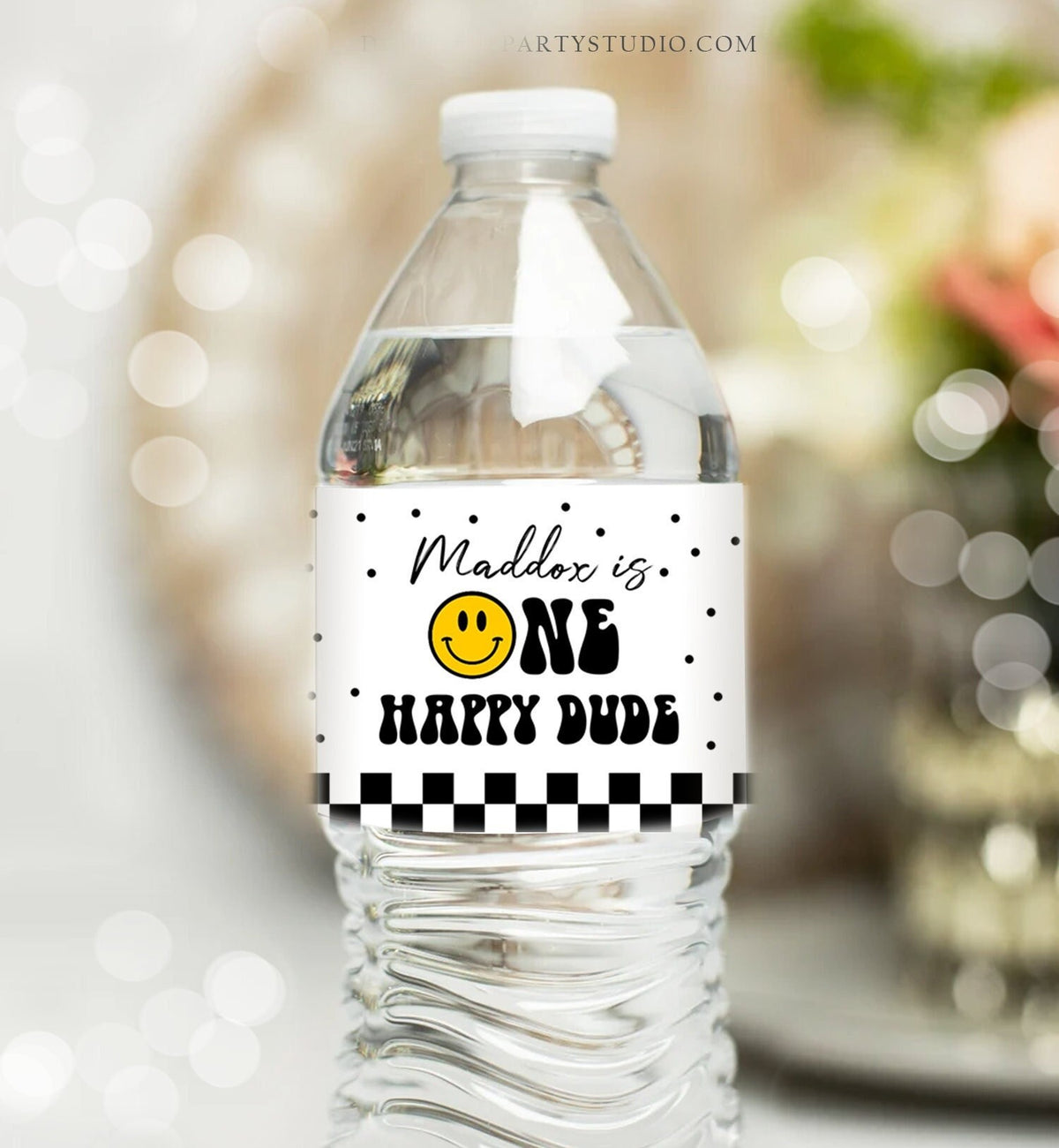 Editable One Happy Dude Birthday Water Bottle Labels Boy 1st Birthday Party Decor Smiley Face Birthday Smiley Printable Template Corjl 0456