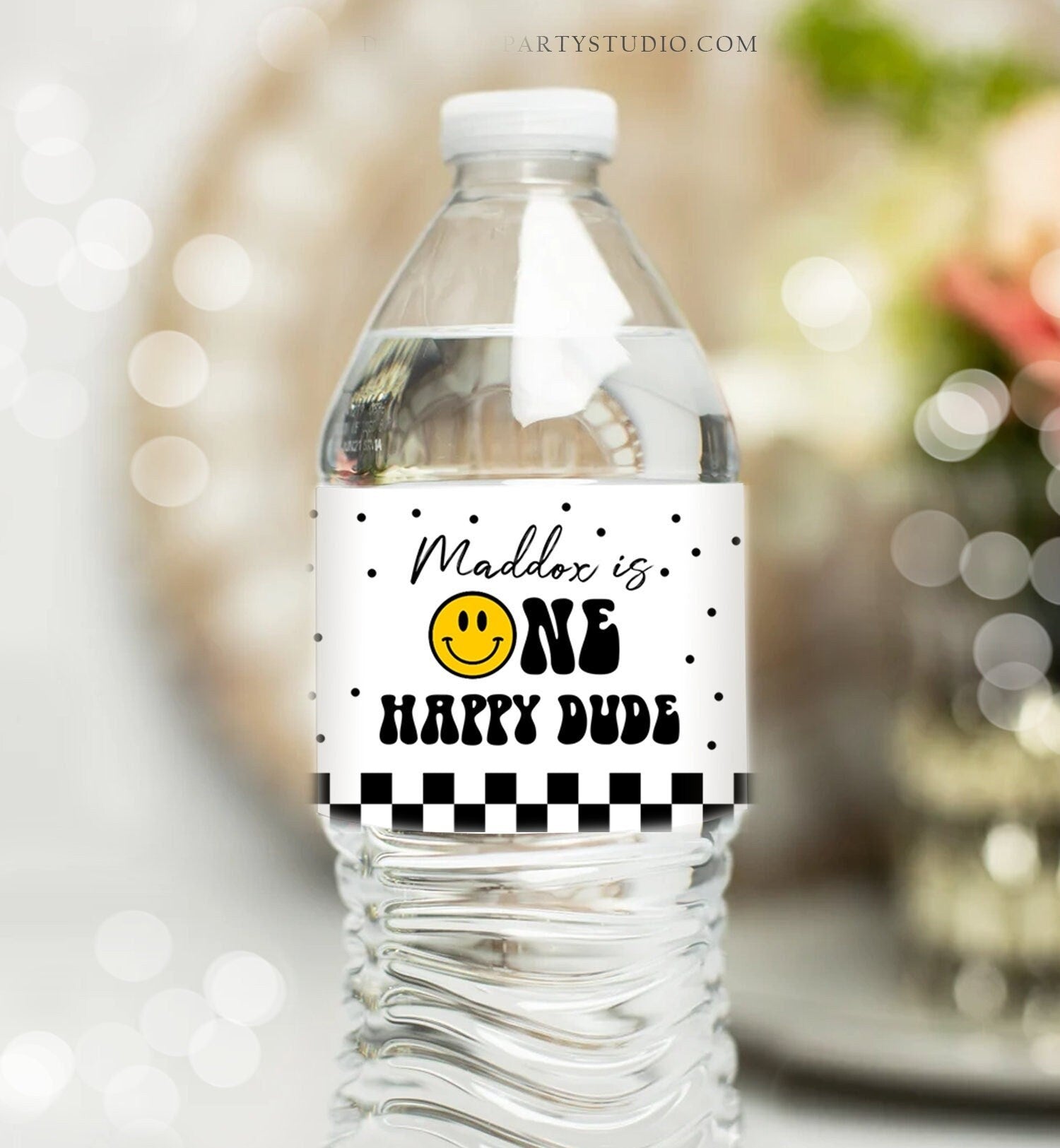 Editable One Happy Dude Birthday Water Bottle Labels Boy 1st Birthday Party Decor Smiley Face Birthday Smiley Printable Template Corjl 0456