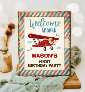 Editable Airplane Welcome Sign Airplane Birthday Boy First 1st Oh How Time Flies Party Decor Airplane Red Corjl Template Printable 0011