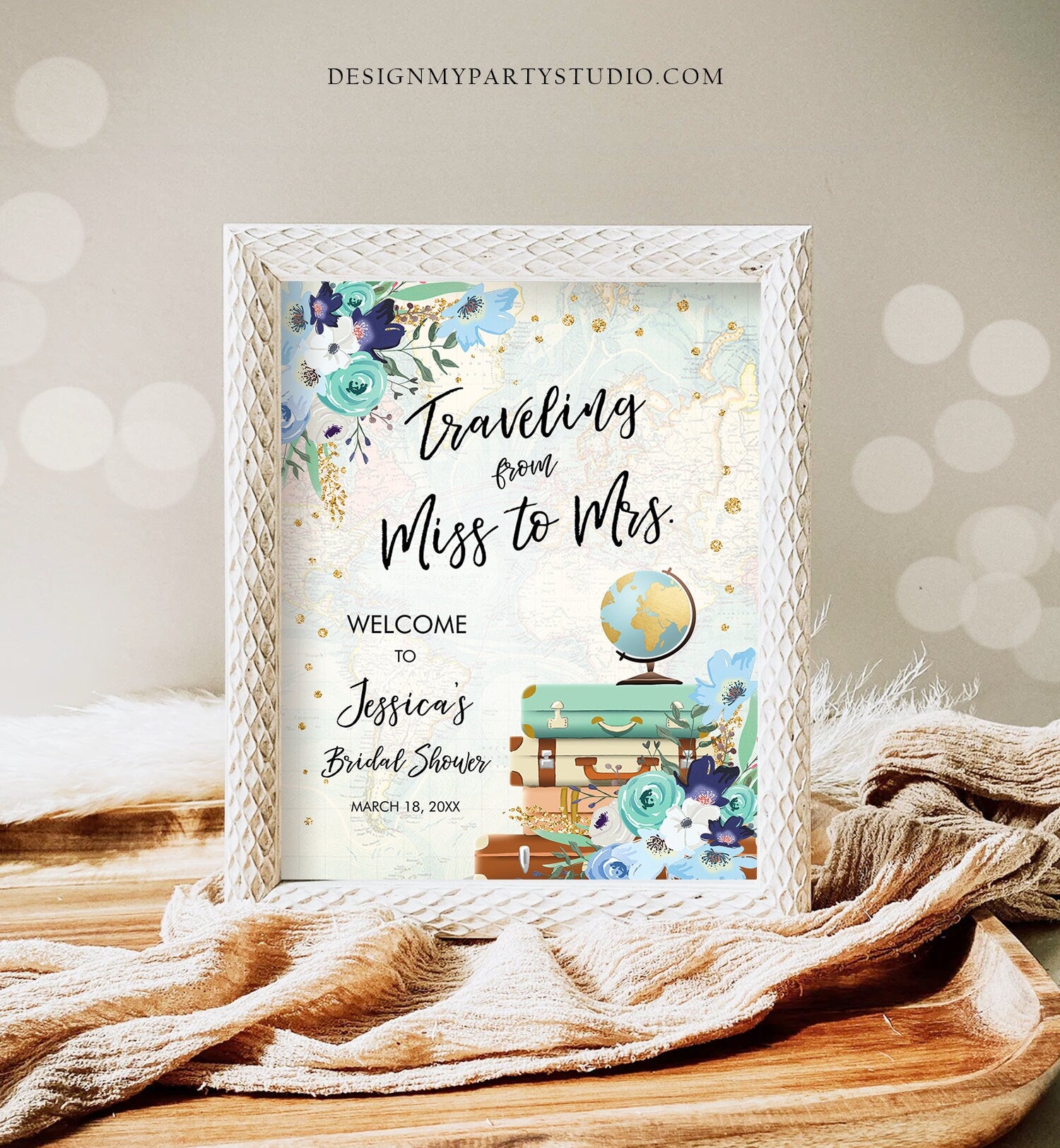 Editable Miss to Mrs Welcome Sign Bridal Shower Traveling From Miss to Mrs Adventure Love is a Journey Floral Blue Teal Corjl Template 0030