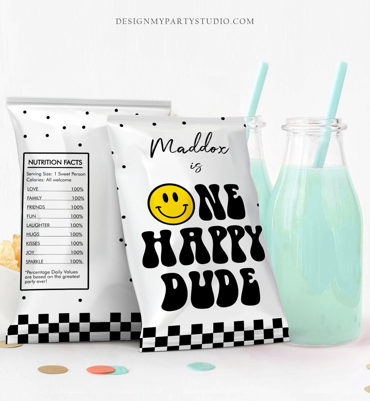 Editable One Happy Dude Chip Bag Smiley Face Party Decor Smiley Birthday Party Snack Favors Happy Printable Digital Corjl Template 0456