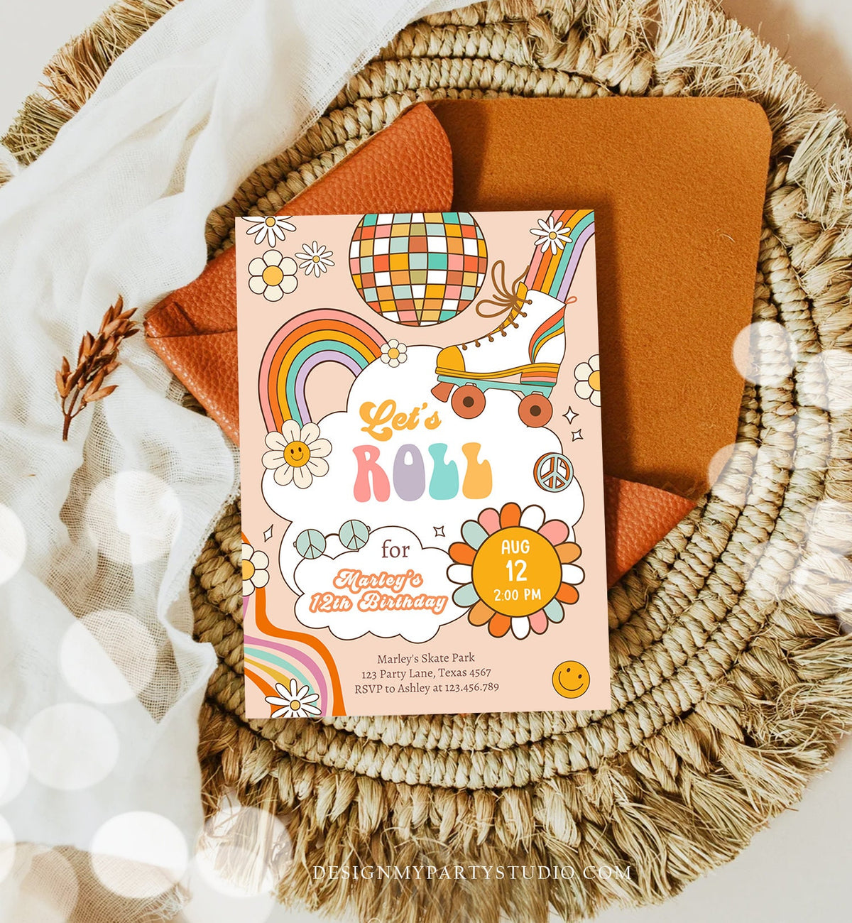 Editable Retro Roller Skate Birthday Party Invitation Let's Roll Skating Kids Rainbow 70's Skate Invite Download Template Corjl Digital 0459
