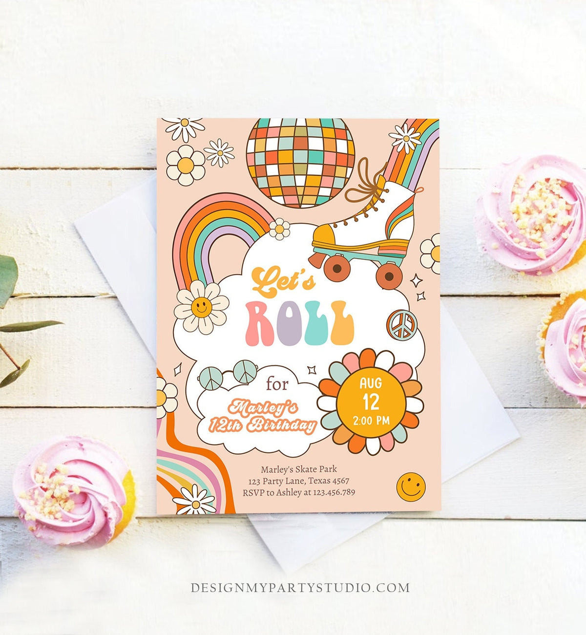 Editable Retro Roller Skate Birthday Party Invitation Let's Roll Skating Kids Rainbow 70's Skate Invite Download Template Corjl Digital 0459
