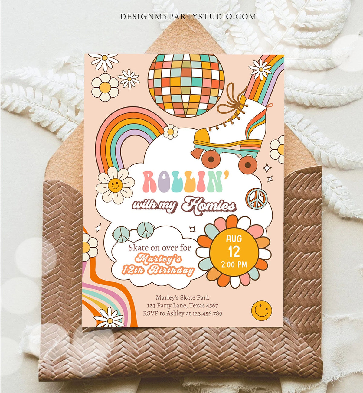 Editable Retro Roller Skate Birthday Party Invitation Rollin' With My Homies Skating 70's Skate Invite Download Template Corjl Digital 0459
