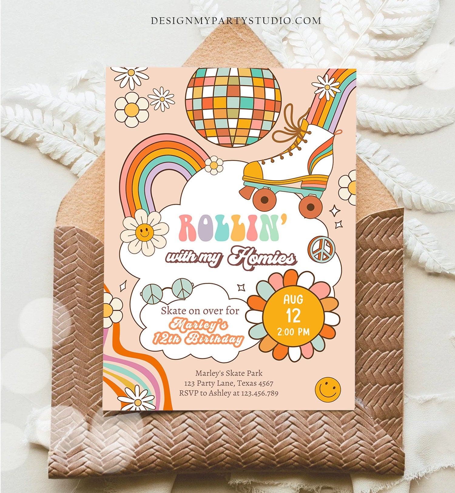 Editable Retro Roller Skate Birthday Party Invitation Rollin' With My Homies Skating 70's Skate Invite Download Template Corjl Digital 0459