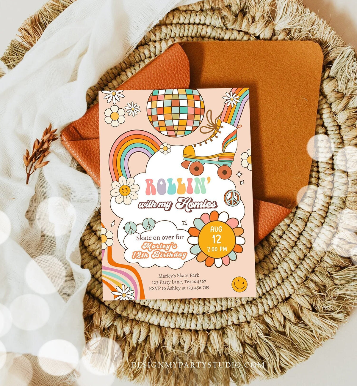 Editable Retro Roller Skate Birthday Party Invitation Rollin' With My Homies Skating 70's Skate Invite Download Template Corjl Digital 0459