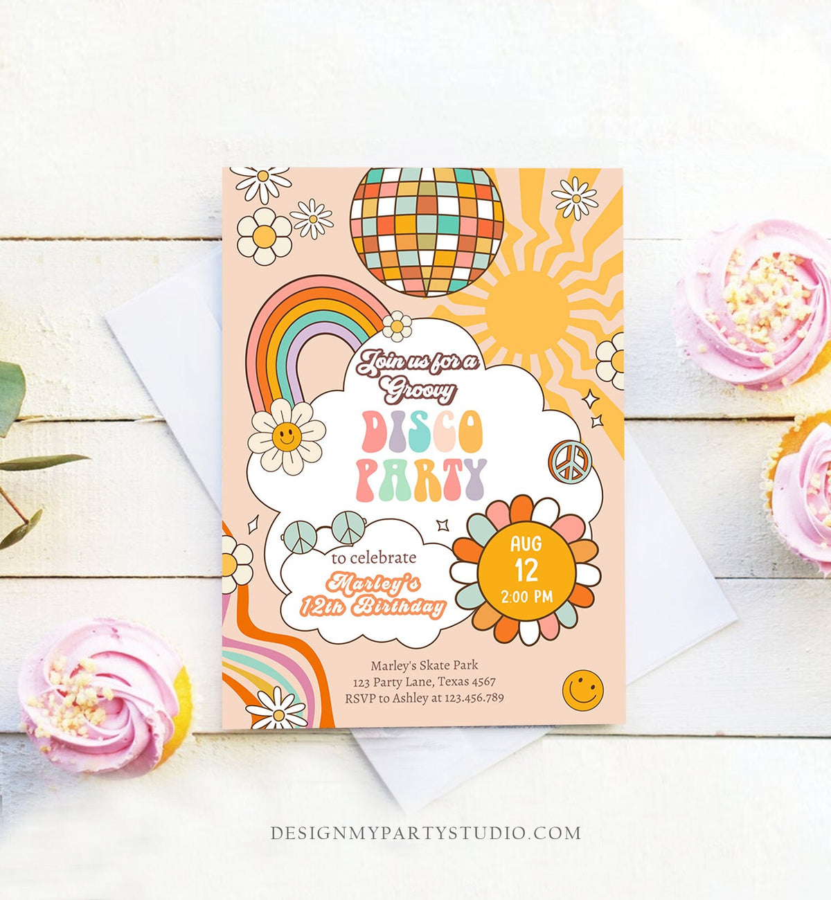 Editable Groovy Disco Birthday Party Invitation Disco Party Birthday Smiley Boho Retro 80's 70's Girl Download Template Corjl Digital 0459
