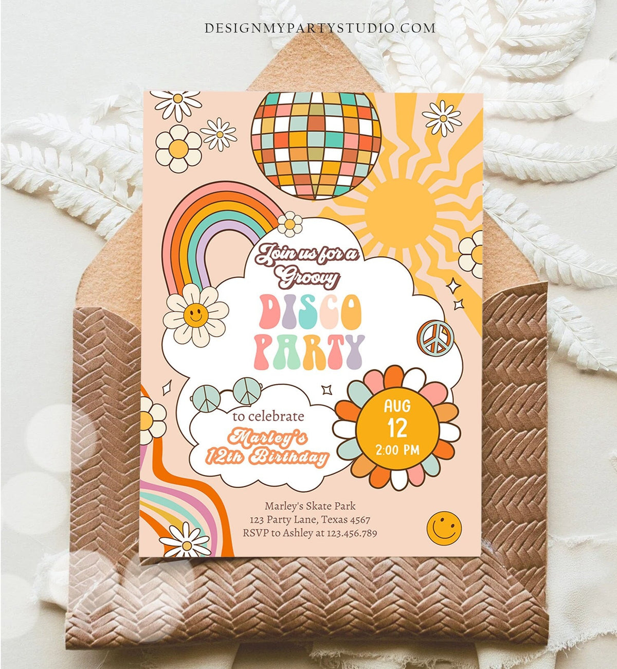 Editable Groovy Disco Birthday Party Invitation Disco Party Birthday Smiley Boho Retro 80's 70's Girl Download Template Corjl Digital 0459