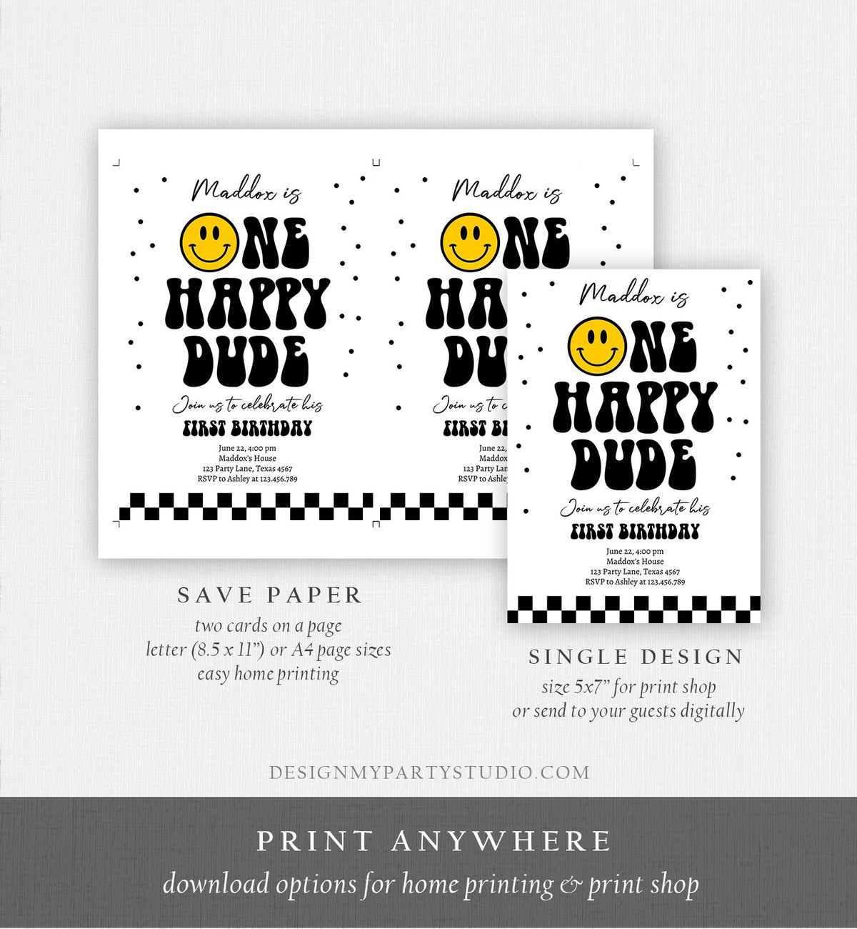 Editable One Happy Dude Birthday Invitation Boy 1st Birthday Invite Smiley Face Birthday Girl Download Printable Template Digital Corjl 0456