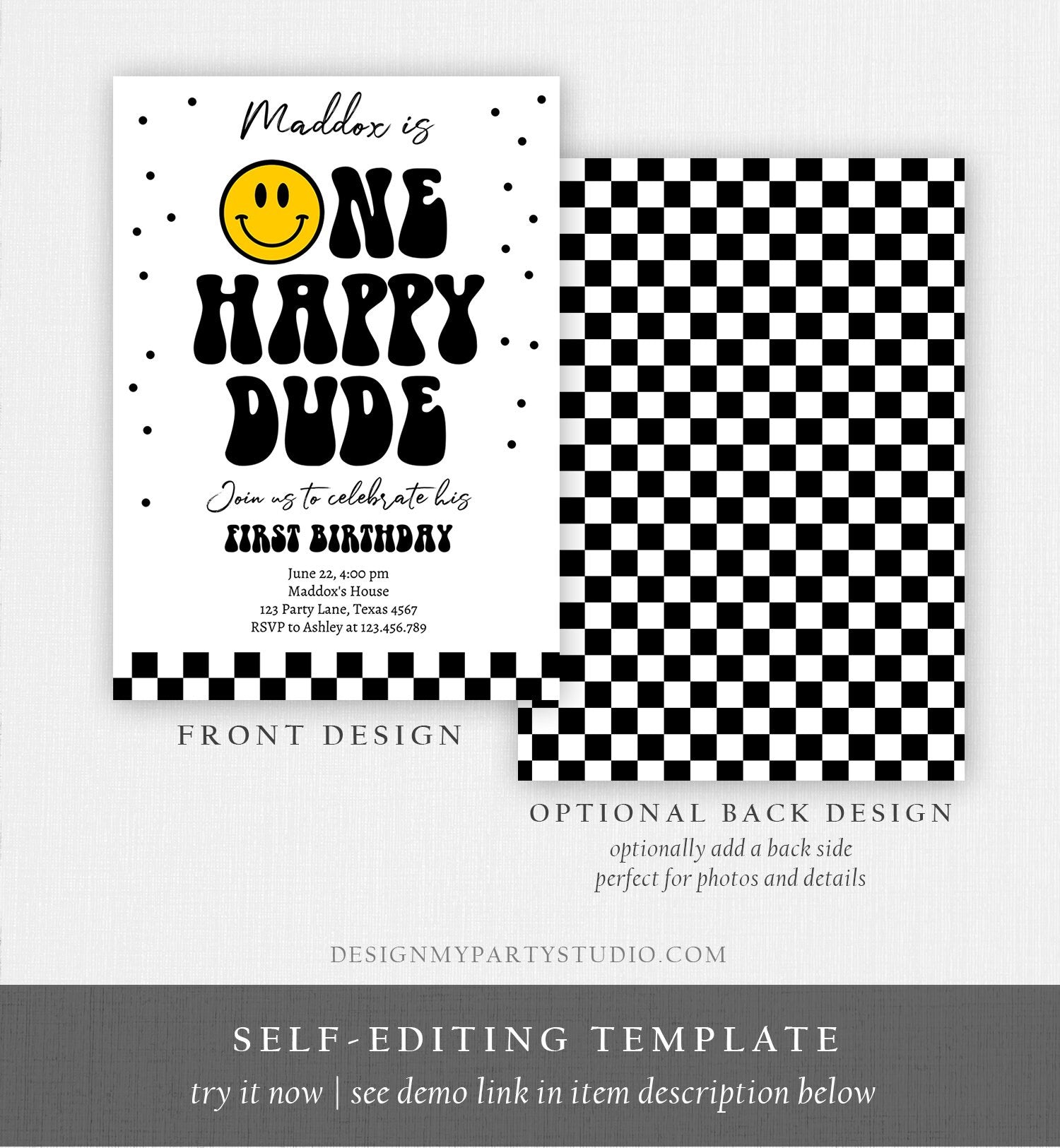 Editable One Happy Dude Birthday Invitation Boy 1st Birthday Invite Smiley Face Birthday Girl Download Printable Template Digital Corjl 0456