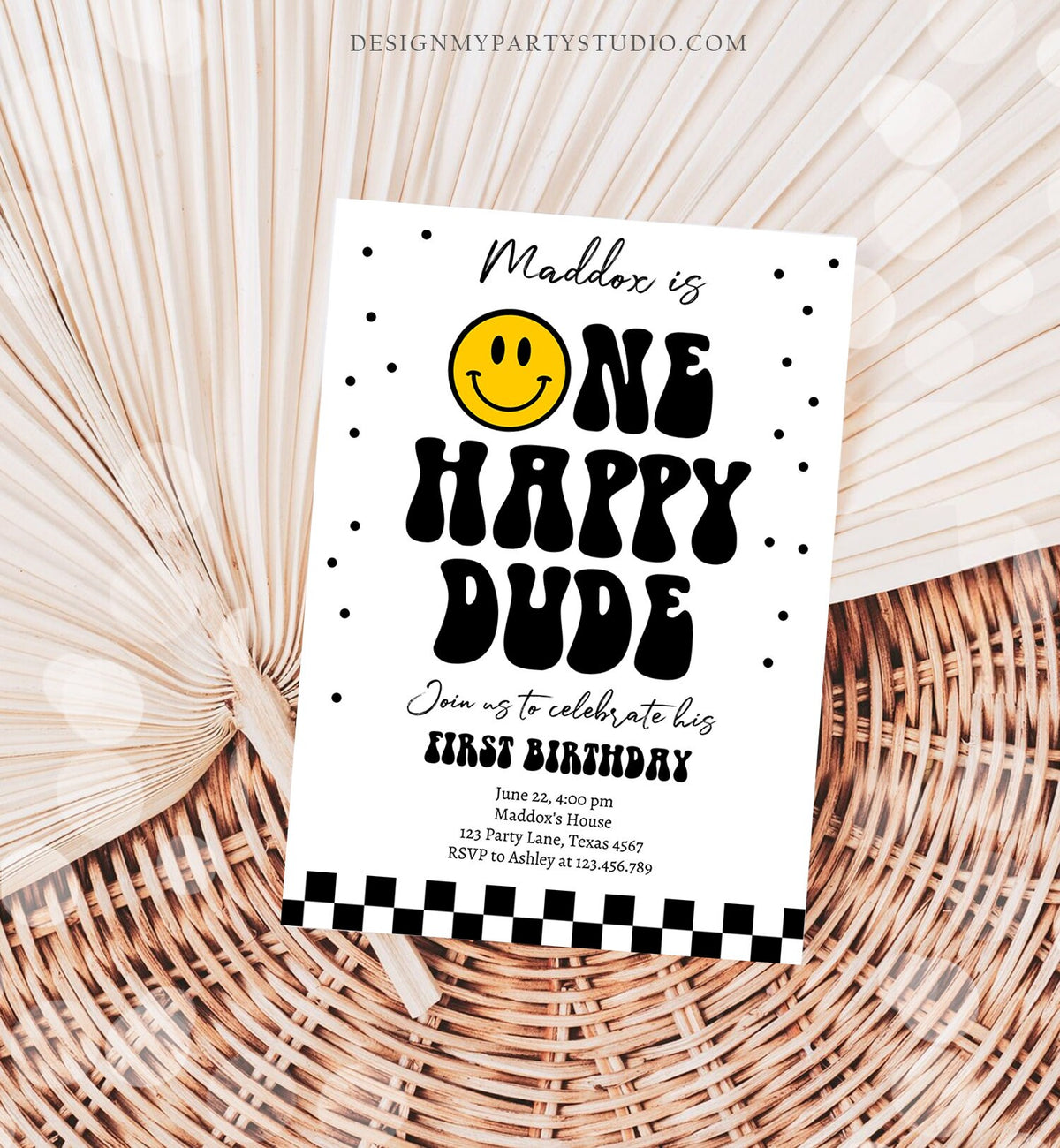 Editable One Happy Dude Birthday Invitation Boy 1st Birthday Invite Smiley Face Birthday Girl Download Printable Template Digital Corjl 0456