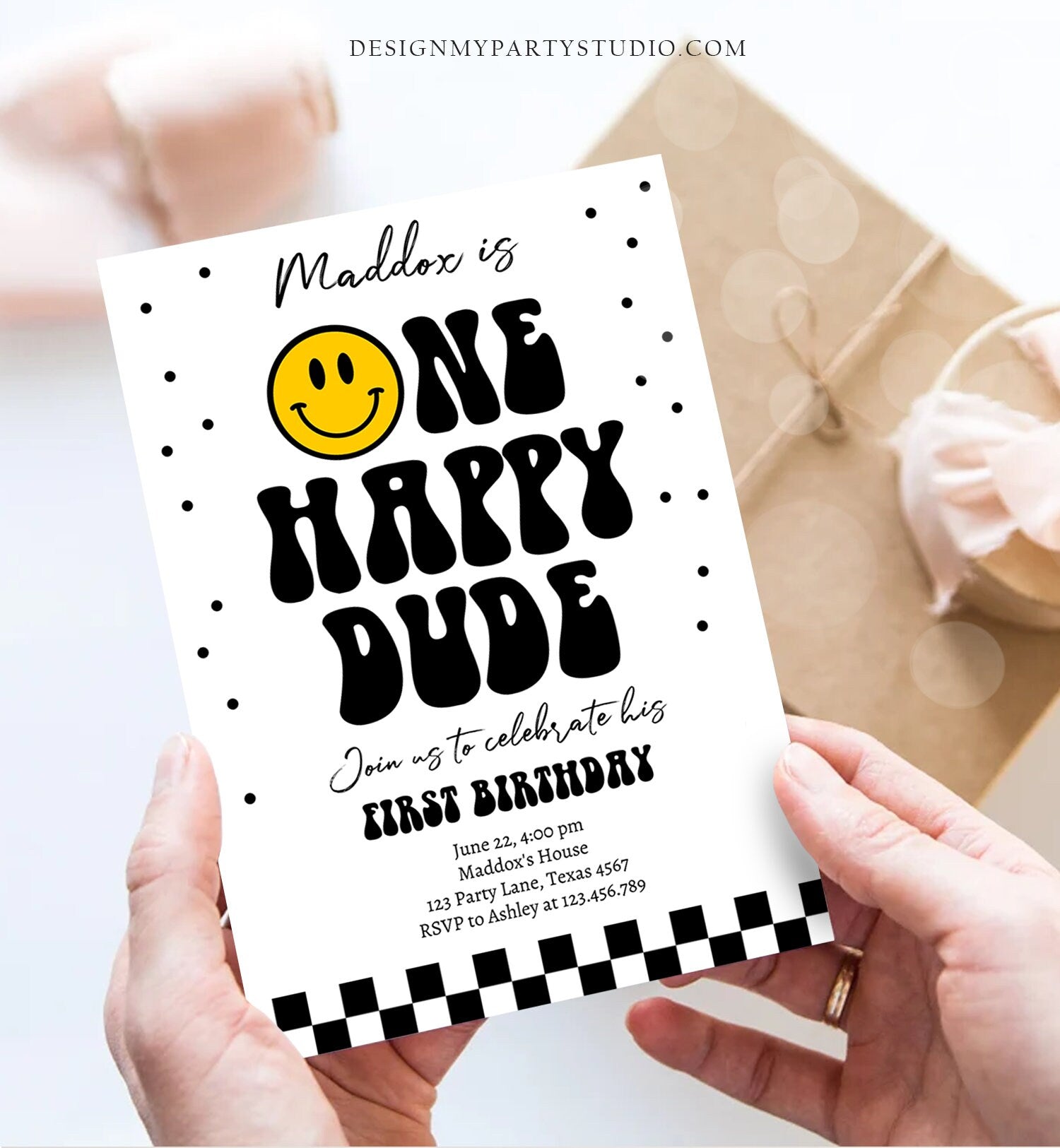Editable One Happy Dude Birthday Invitation Boy 1st Birthday Invite Smiley Face Birthday Girl Download Printable Template Digital Corjl 0456
