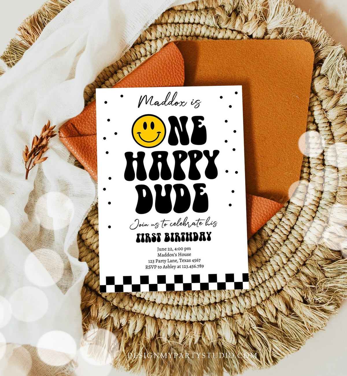 Editable One Happy Dude Birthday Invitation Boy 1st Birthday Invite Smiley Face Birthday Girl Download Printable Template Digital Corjl 0456