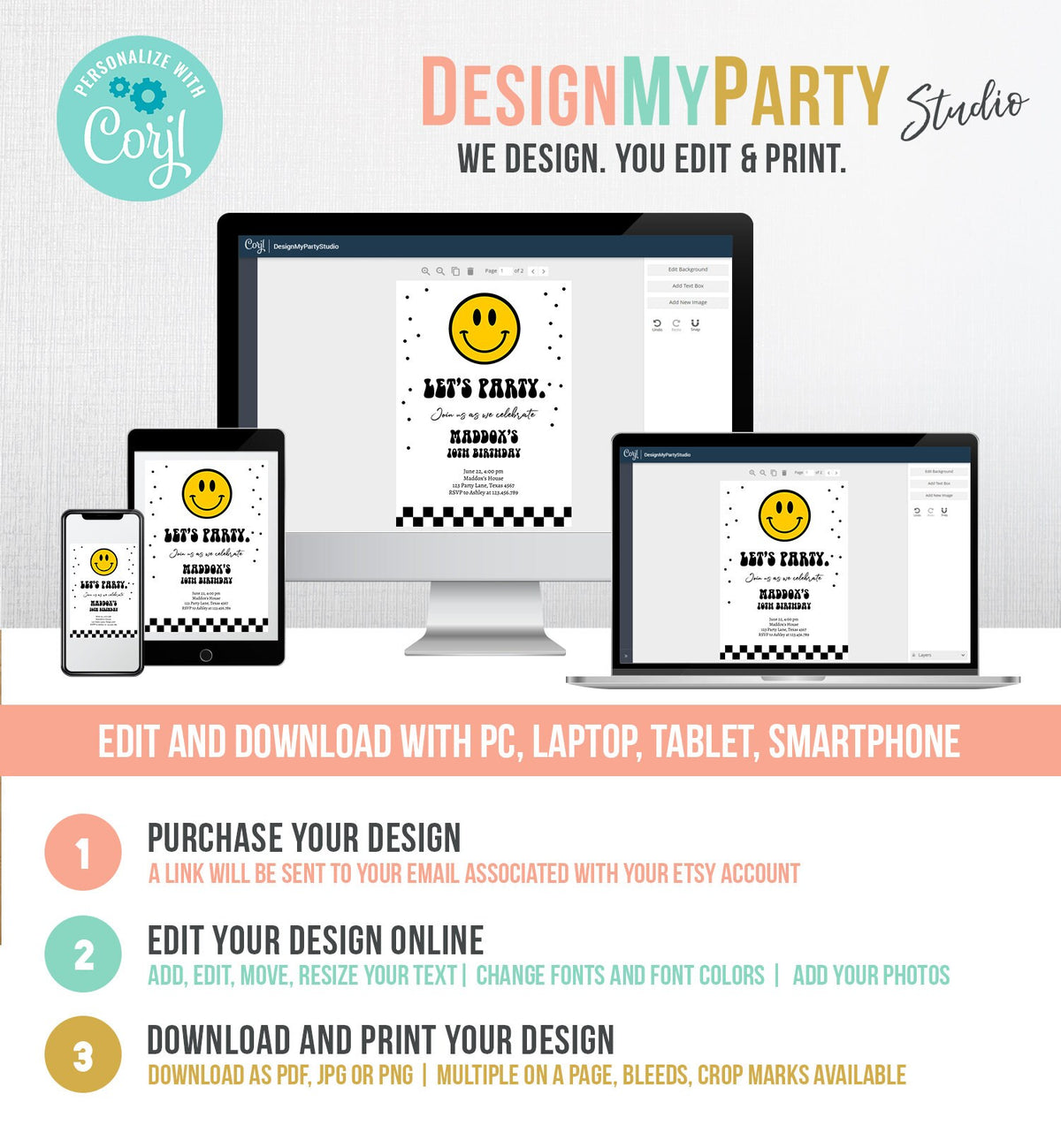 Editable Smiley Birthday Invitation Boy Smiley Face Invite Let's Party Teen 10th 13th 15th Download Printable Template Digital Corjl 0456