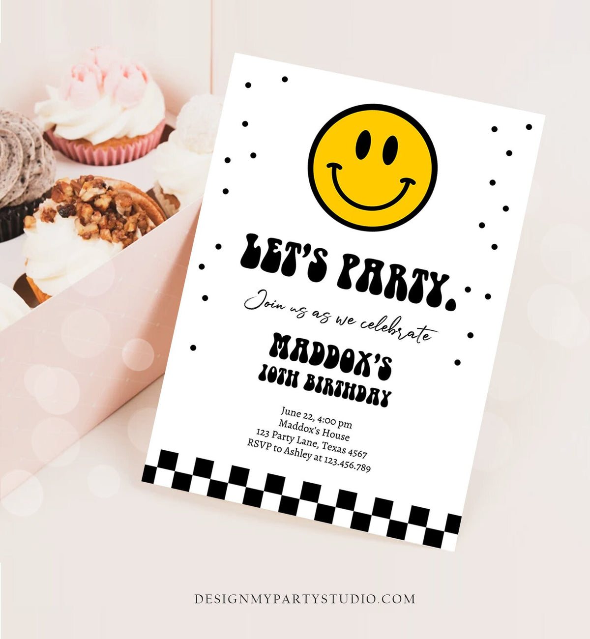 Editable Smiley Birthday Invitation Boy Smiley Face Invite Let's Party Teen 10th 13th 15th Download Printable Template Digital Corjl 0456