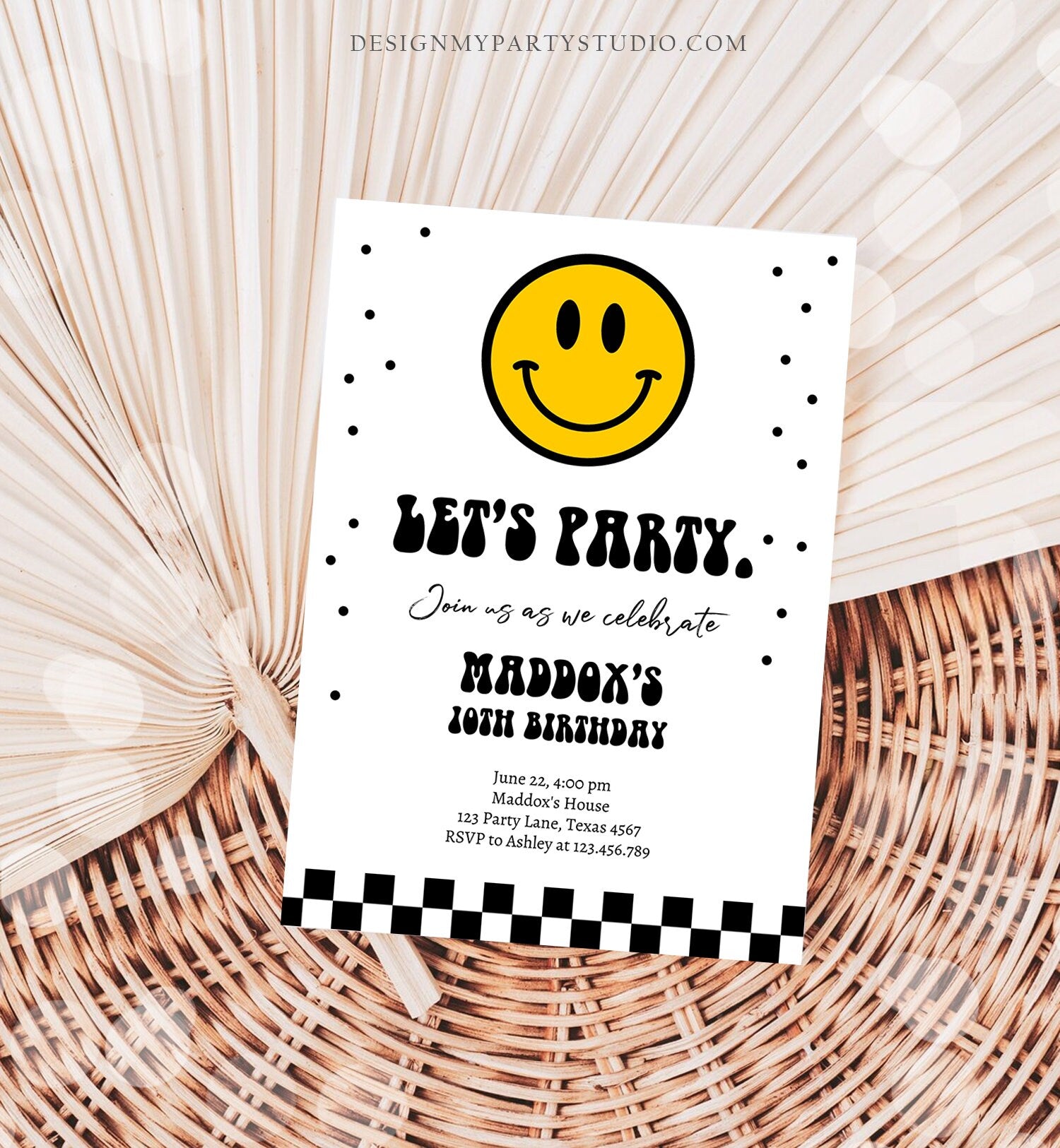 Editable Smiley Birthday Invitation Boy Smiley Face Invite Let's Party Teen 10th 13th 15th Download Printable Template Digital Corjl 0456