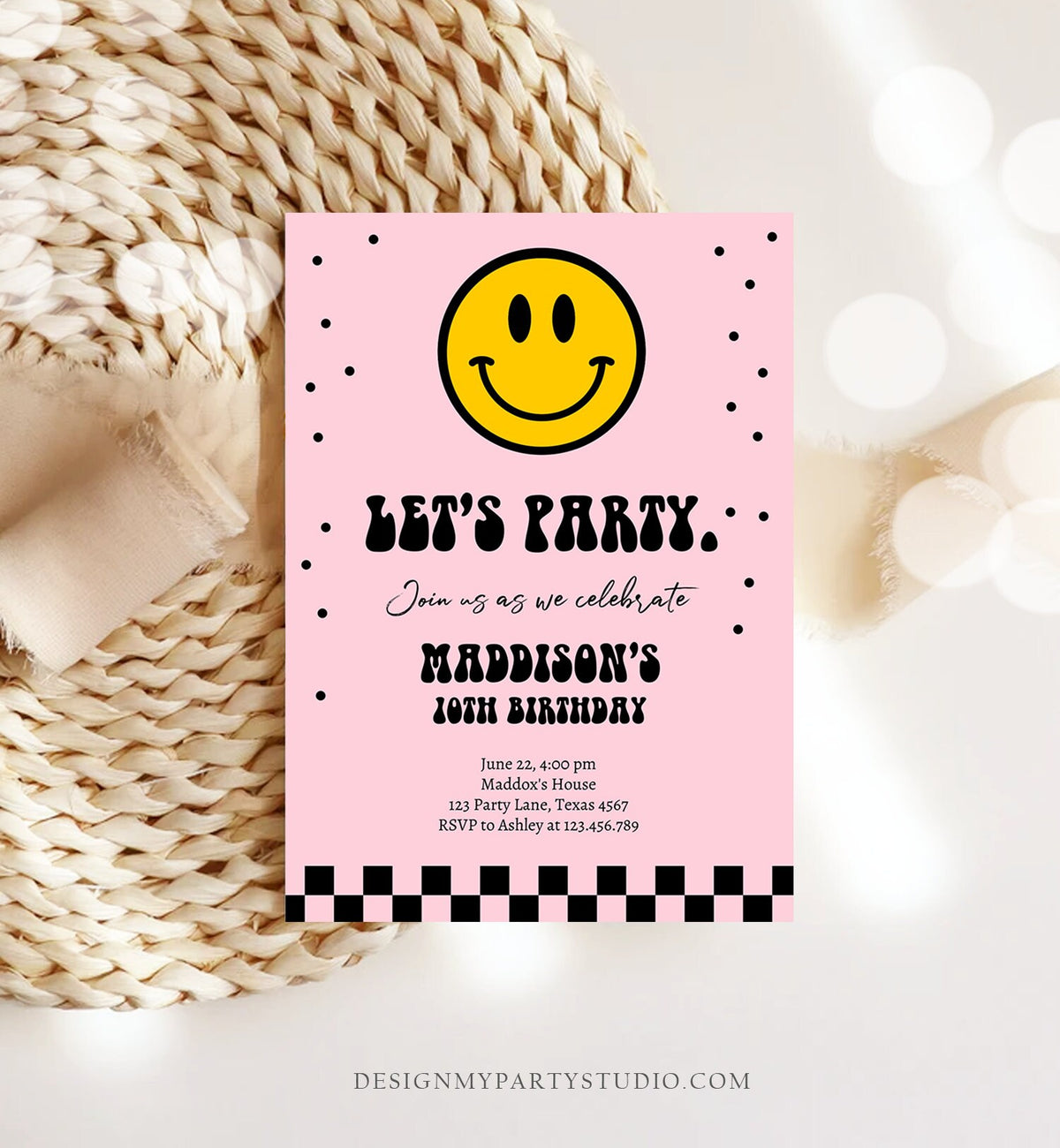 Editable Smiley Birthday Invitation Girl Smiley Face Invite Let's Party Teen 10th 13th 15th Download Printable Template Digital Corjl 0456