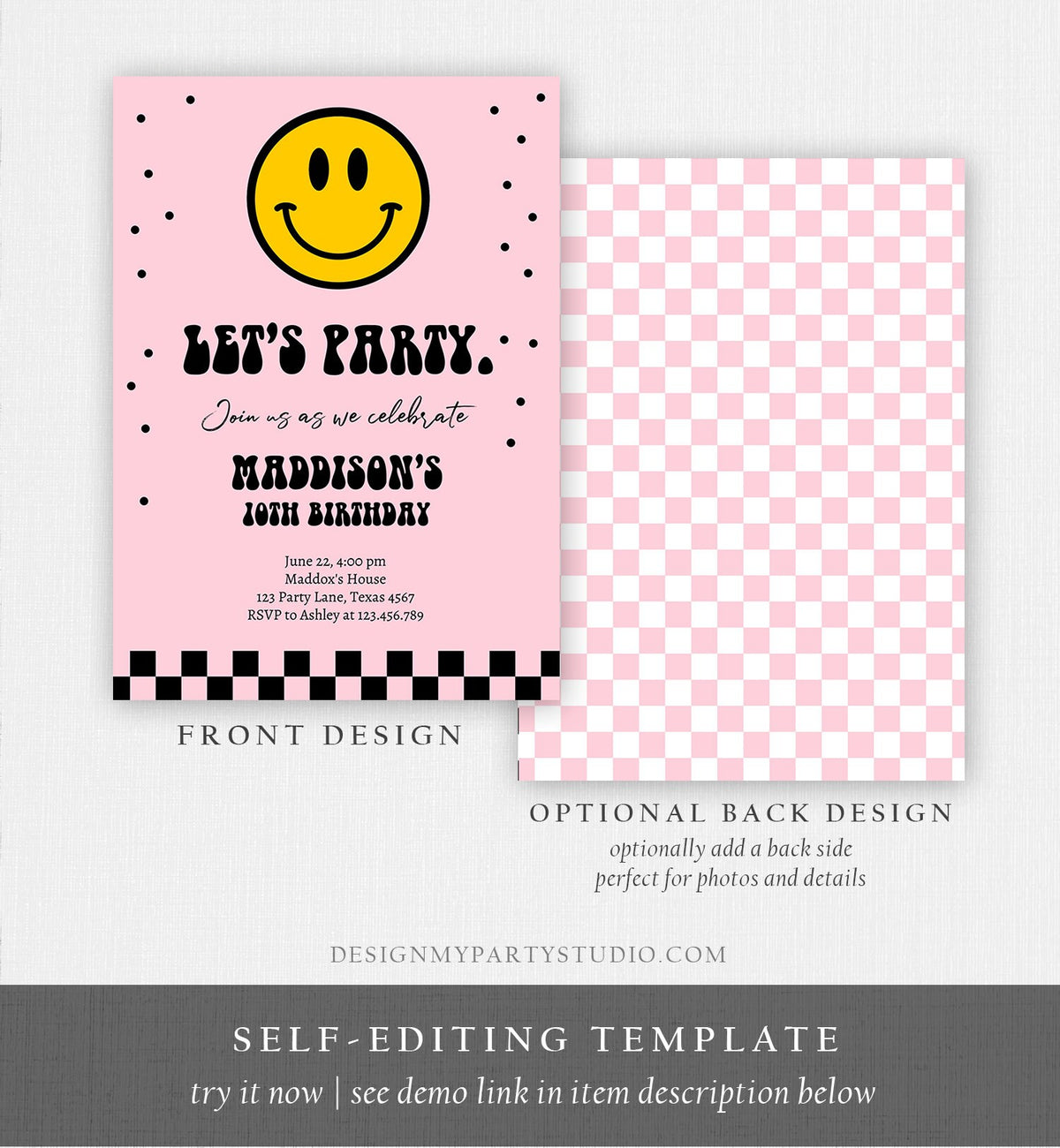 Editable Smiley Birthday Invitation Girl Smiley Face Invite Let's Party Teen 10th 13th 15th Download Printable Template Digital Corjl 0456