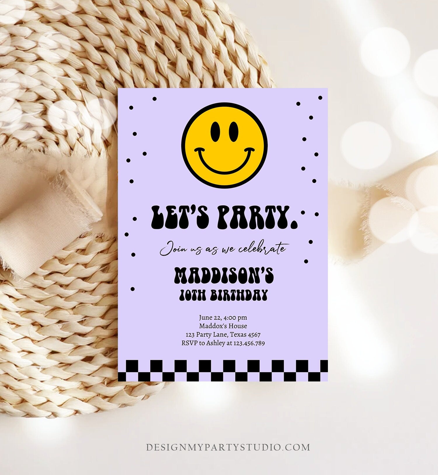 Editable Smiley Birthday Invitation Girl Smiley Face Invite Let's Party Teen 10th 13th 15th Download Printable Template Digital Corjl 0456