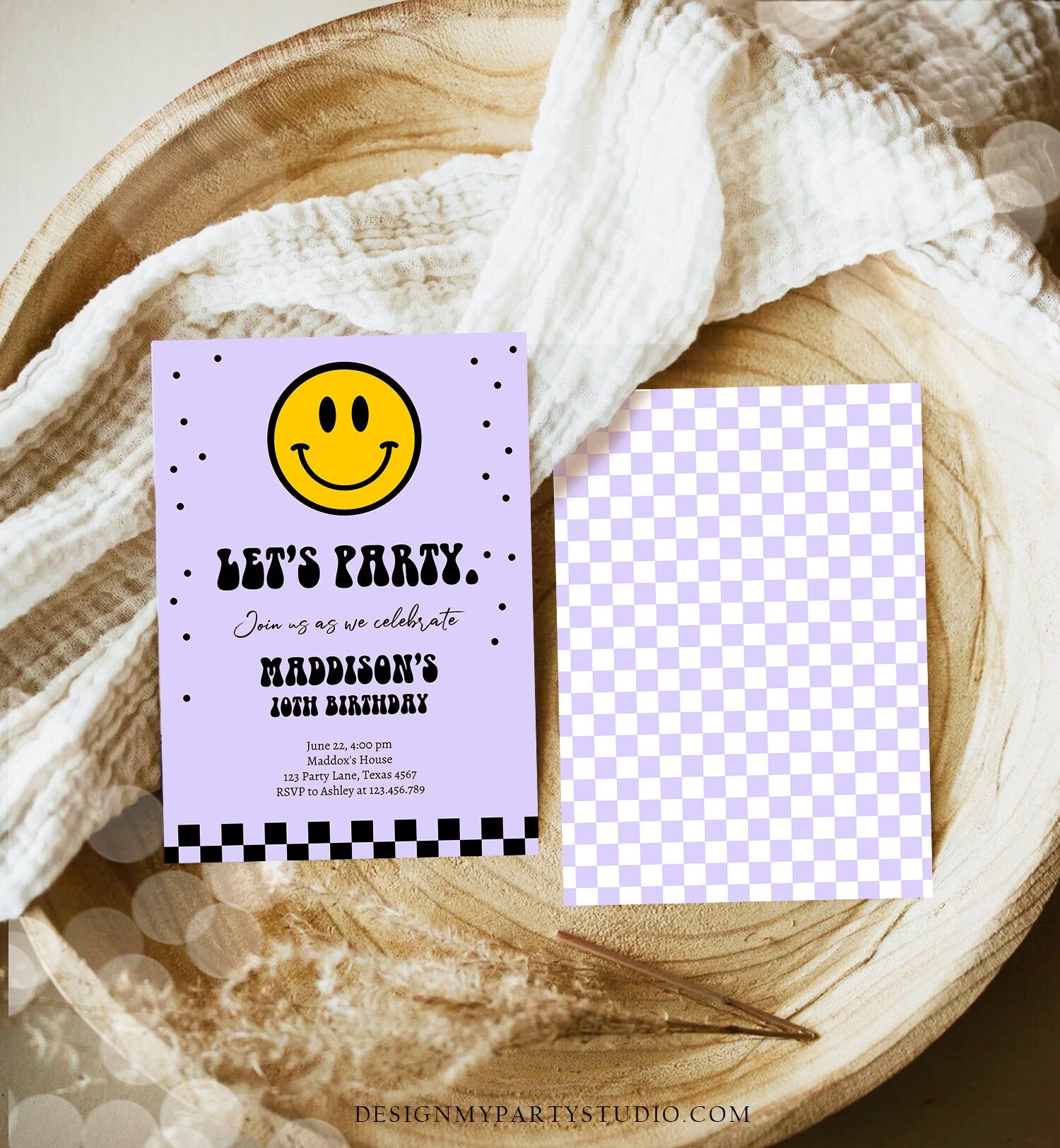 Editable Smiley Birthday Invitation Girl Smiley Face Invite Let's Party Teen 10th 13th 15th Download Printable Template Digital Corjl 0456
