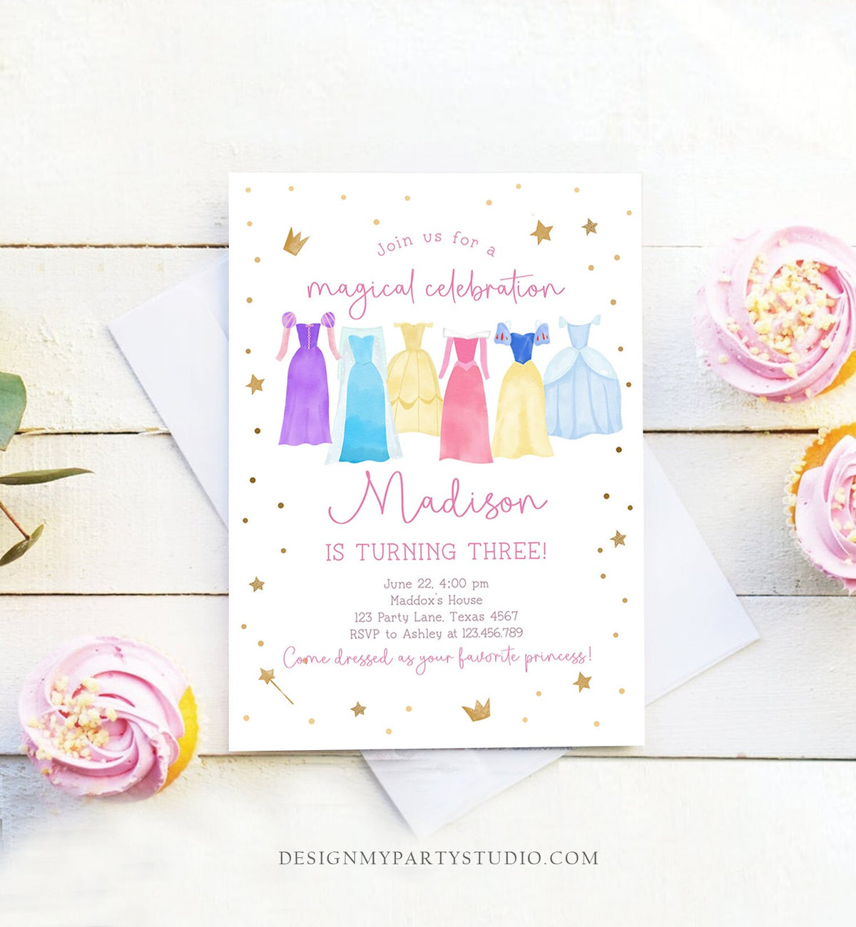 Editable Princess Birthday Invitation Princess Dress-Up Invite Royal Birthday Girl Pink Princess Dresses Template Corjl Printable 0462