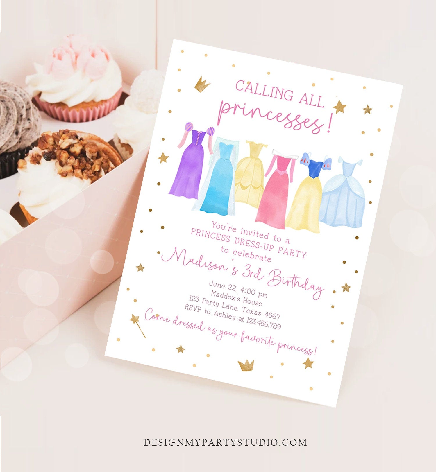 Editable Princess Birthday Invitation Princess Dress-Up Invite Royal Birthday Girl Pink Princess Dresses Template Corjl Printable 0462