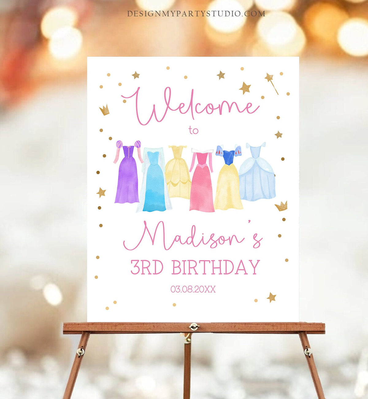 Editable Princess Birthday Welcome Sign Girl Princess Welcome Royal Dress-up Party Costume Pink Gold Girls Template Corjl PRINTABLE 0462