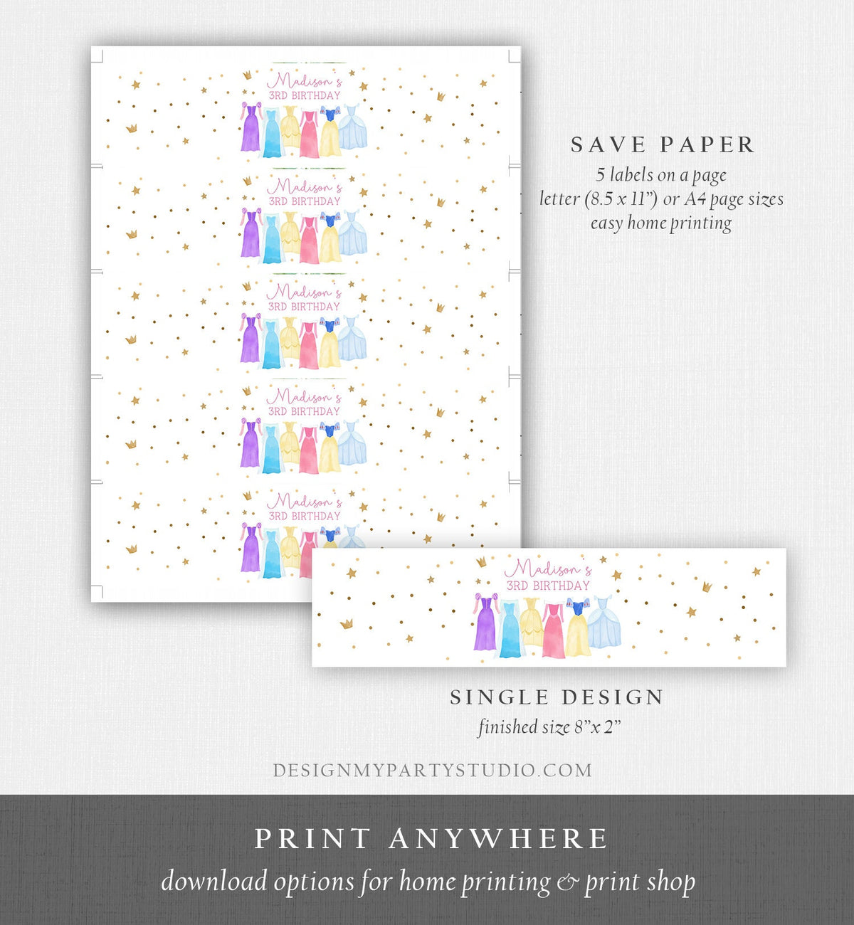 Editable Princess Water Bottle Labels Princess Birthday Party Girl Dress-up Royal Magical Celebration Download Printable Template Corjl 0462