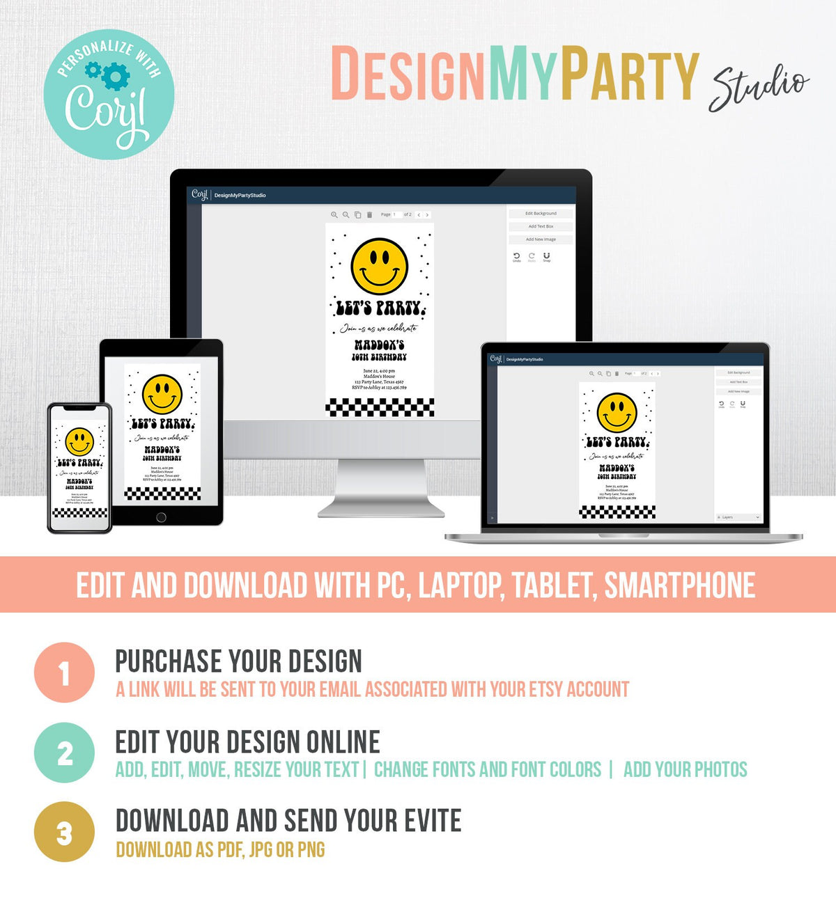 Editable Smiley Birthday Evite Boy Smiley Face Invitation Let's Party Teen 10th 13th 15th Download Digital Phone Template Digital Corjl 0456
