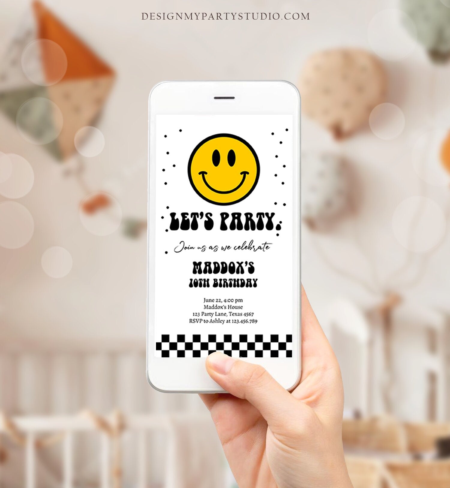 Editable Smiley Birthday Evite Boy Smiley Face Invitation Let's Party Teen 10th 13th 15th Download Digital Phone Template Digital Corjl 0456