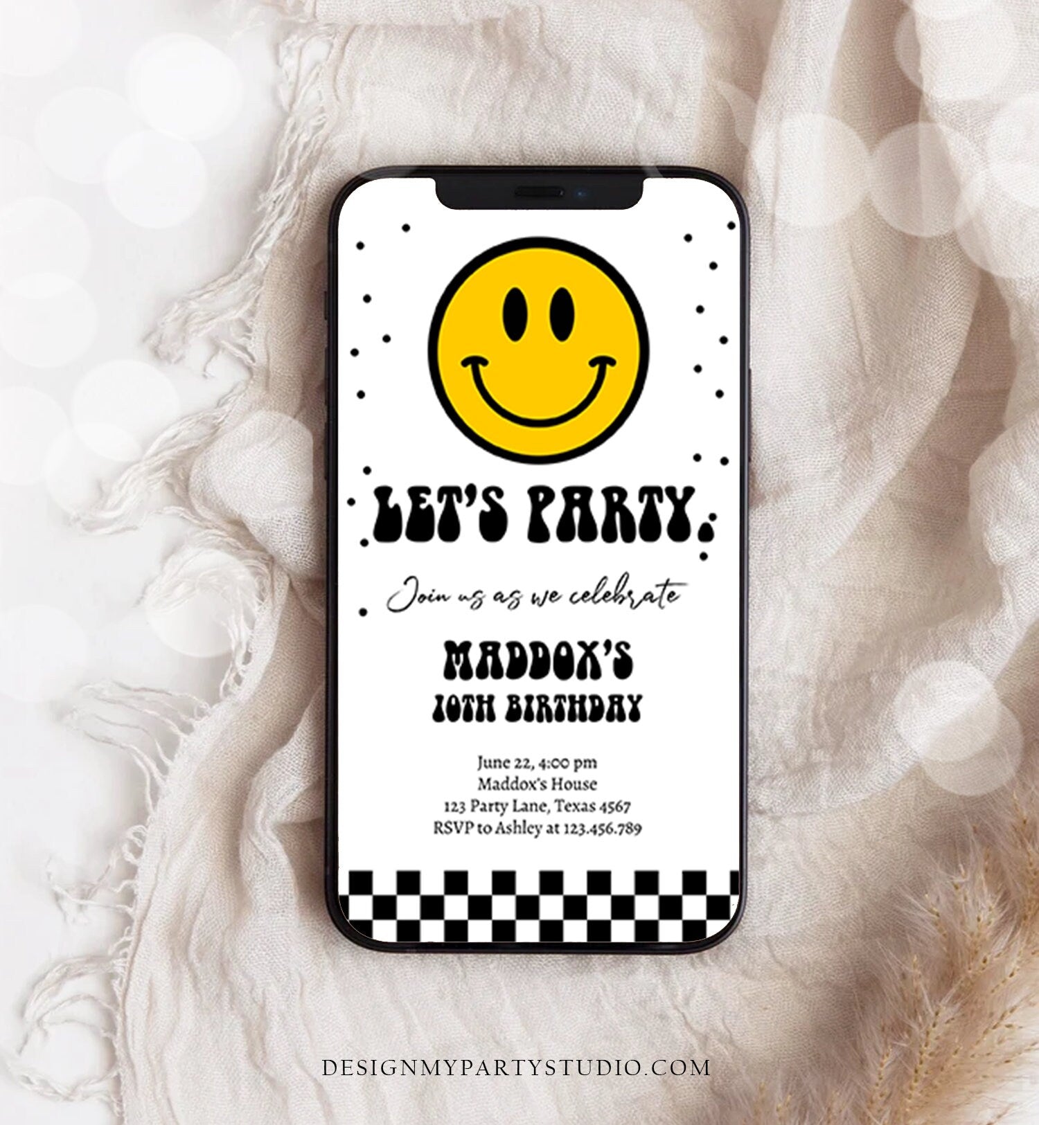 Editable Smiley Birthday Evite Boy Smiley Face Invitation Let's Party Teen 10th 13th 15th Download Digital Phone Template Digital Corjl 0456