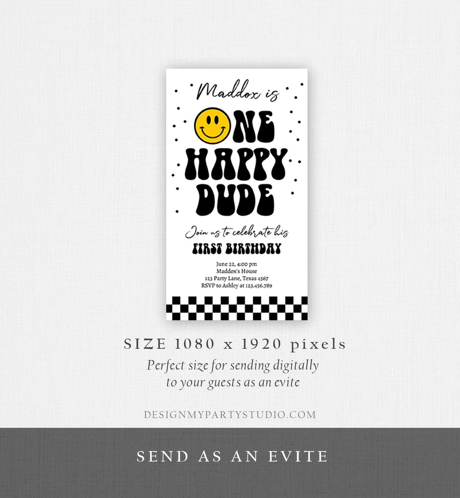 Editable One Happy Dude Birthday Evite Boy 1st Birthday Invitation Smiley Face Birthday Girl Download Phone Template Digital Corjl 0456